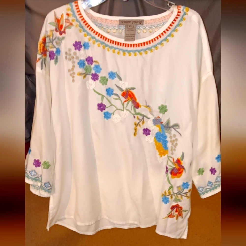 Sharon Young boho style 3/4 inch sleeved, embroidered shirt